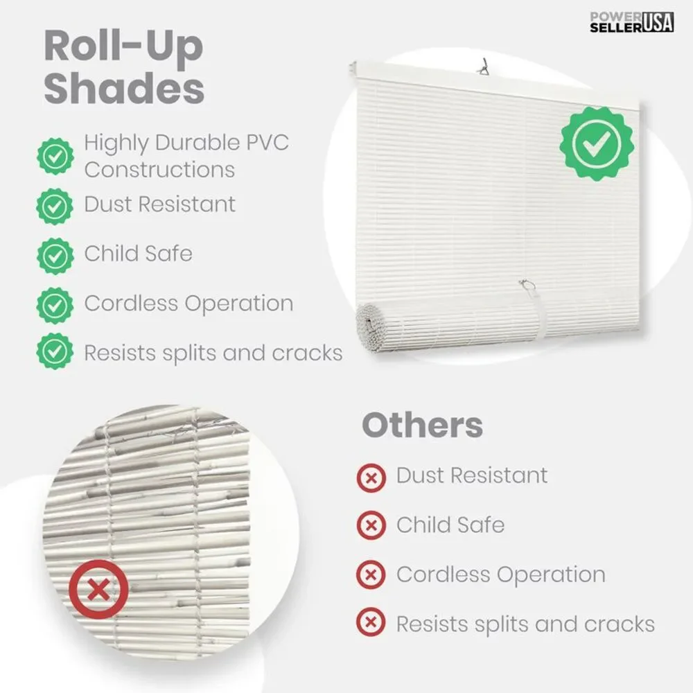 PowerSellerUSA Light Filtering Cordless Rollup Window Blinds, 72L x 60W Inches